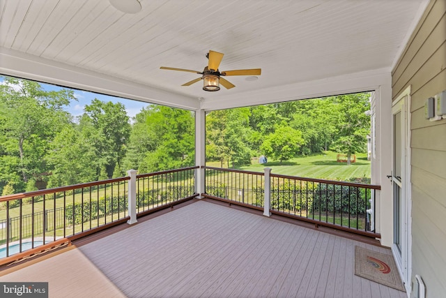 36976 Walnut Park Ln, Purcellville, VA 20132 - deck featuring a ceiling fan and view of scattered trees
