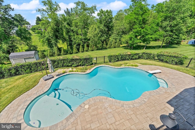 36976 Walnut Park Ln, Purcellville, VA 20132 - view of swimming pool featuring a patio, view of wooded area, a diving board, and an outbuilding