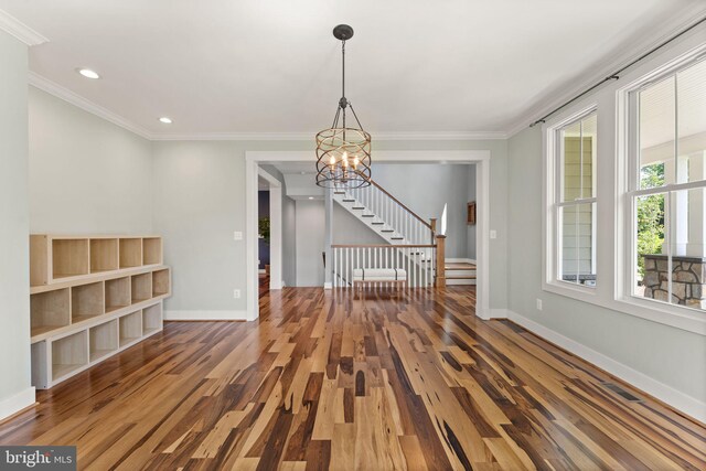 36976 Walnut Park Ln, Purcellville, VA 20132 - spare room with wood finished floors, a chandelier, stairs, baseboards, and recessed lighting