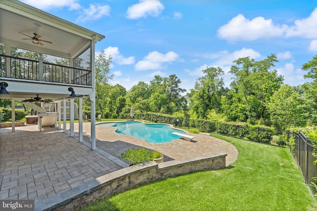 36976 Walnut Park Ln, Purcellville, VA 20132 - view of pool with ceiling fan, a patio, a diving board, and view of scattered trees