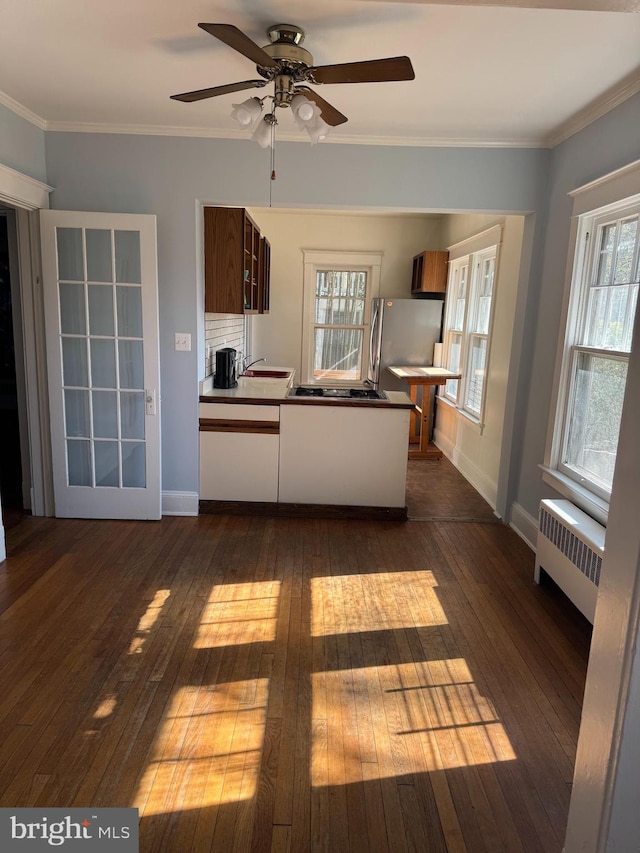 kitchen featuring dark wood-style flooring, crown molding, radiator, decorative backsplash, and freestanding refrigerator