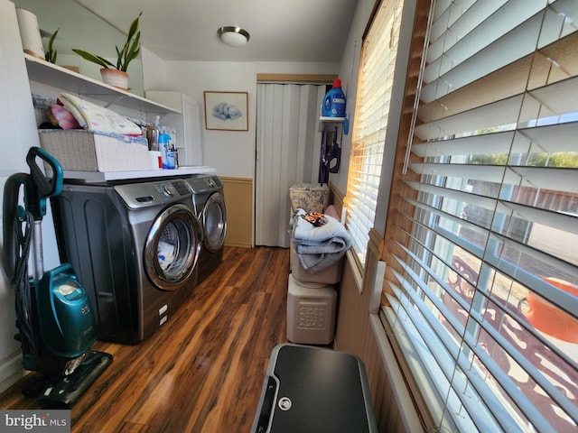 laundry area with laundry area, wainscoting, dark wood-type flooring, and independent washer and dryer