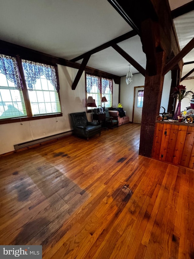 living room with a chandelier, wood-type flooring, a baseboard radiator, and a wealth of natural light