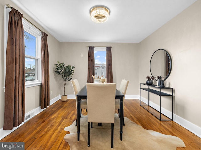 dining area with wood finished floors, visible vents, and baseboards