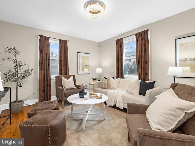 living area featuring baseboards and wood finished floors