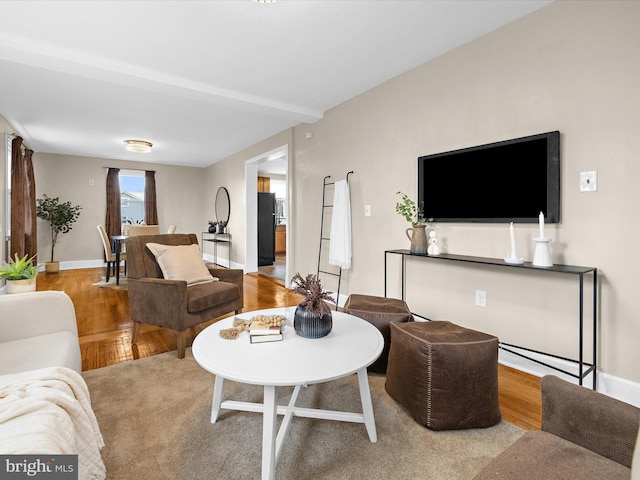 living area with baseboards and wood finished floors