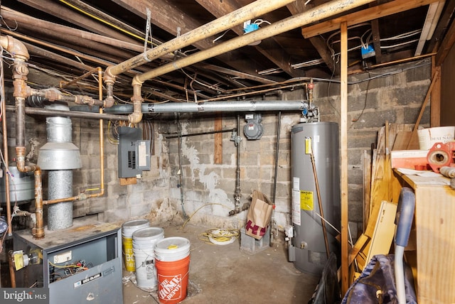 unfinished basement with water heater, a heating unit, and electric panel