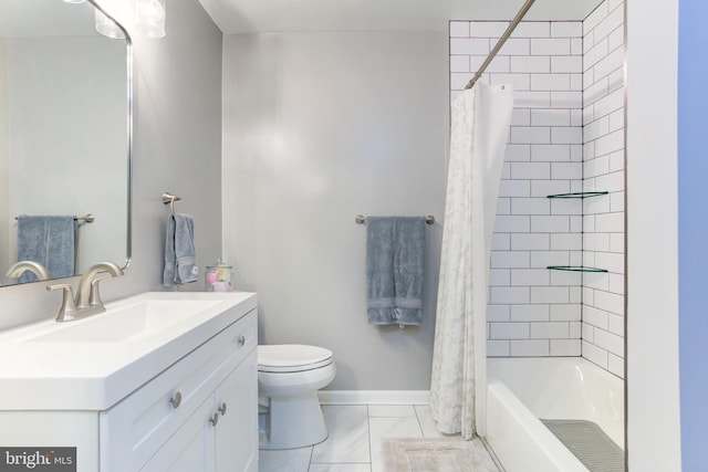 bathroom with toilet, shower / tub combo, vanity, baseboards, and marble finish floor