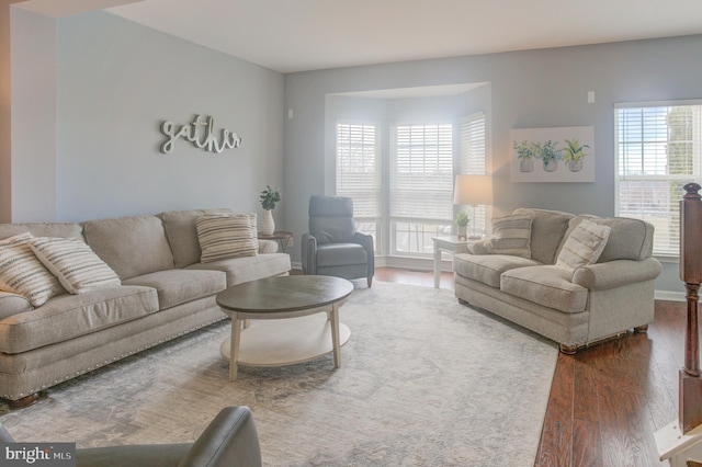 living area featuring dark wood-style floors and plenty of natural light