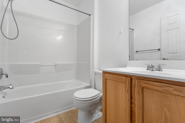 full bath featuring bathtub / shower combination, vanity, and toilet