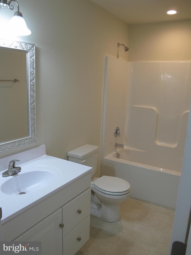 full bathroom with shower / bathtub combination, tile patterned flooring, vanity, and toilet