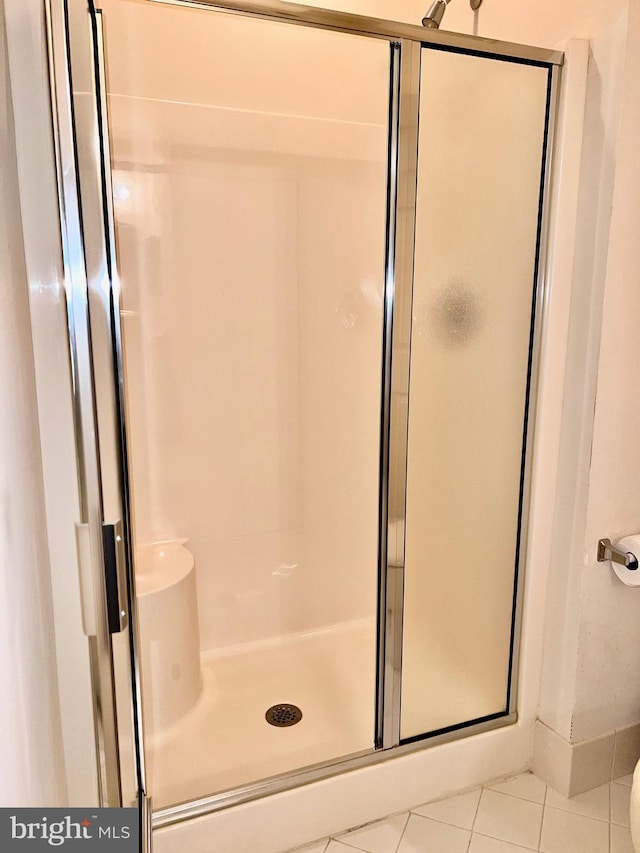 bathroom with tile patterned flooring and a shower stall