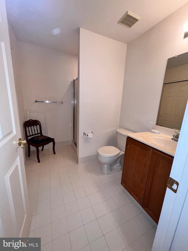 full bath with visible vents, toilet, a shower stall, vanity, and tile patterned flooring