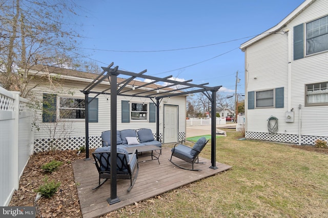 view of yard with an outdoor hangout area, fence, a wooden deck, and a pergola