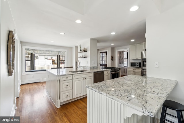 kitchen featuring a peninsula, stainless steel appliances, a sink, and wood finished floors