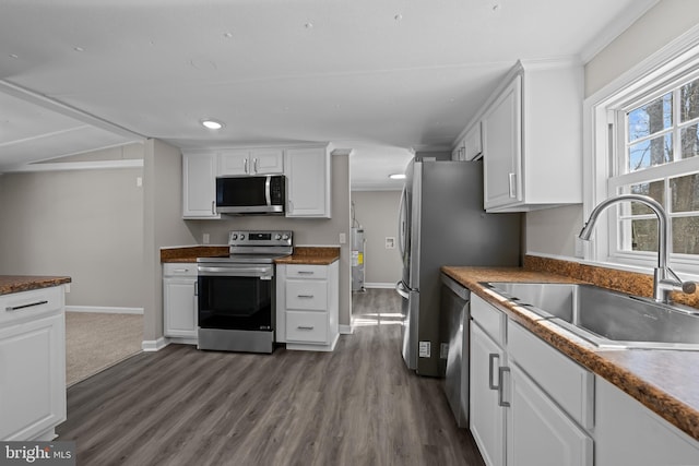 kitchen featuring stainless steel appliances, dark wood finished floors, white cabinets, and a sink