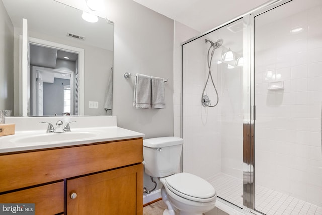 full bath with visible vents, toilet, a shower stall, and vanity