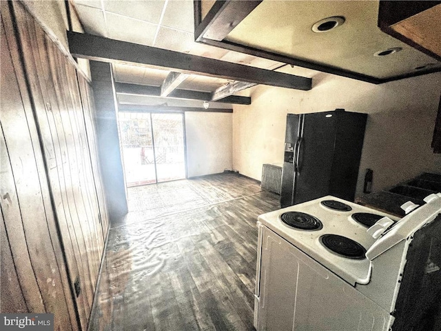 kitchen featuring dark wood-style floors, black refrigerator with ice dispenser, beamed ceiling, and white range with electric stovetop