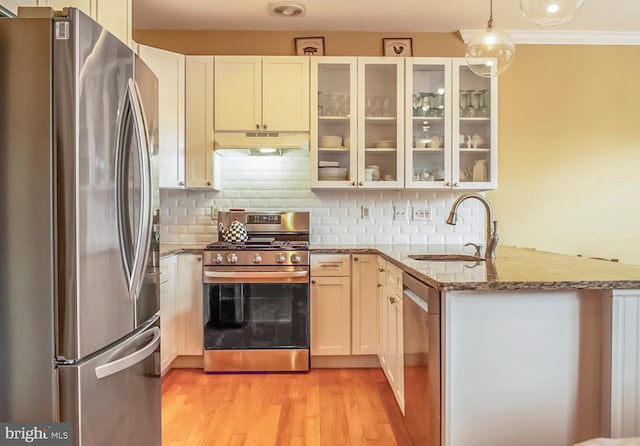 kitchen featuring appliances with stainless steel finishes, a peninsula, light stone countertops, under cabinet range hood, and a sink