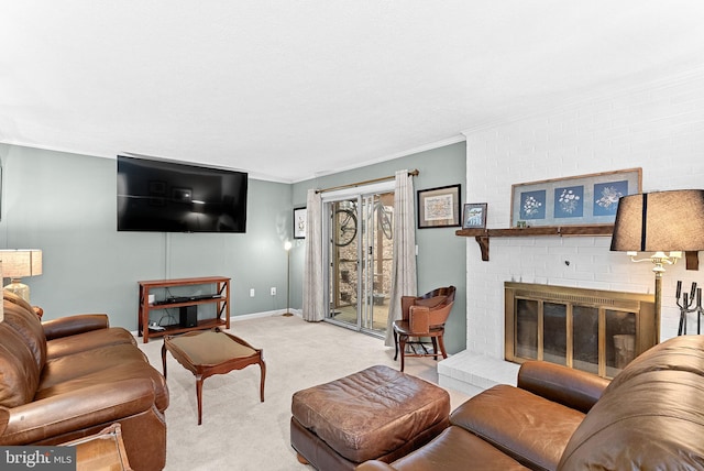 living room featuring carpet, a brick fireplace, crown molding, and baseboards