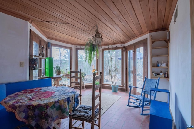 dining area with visible vents and wood ceiling