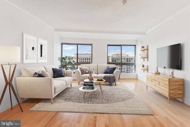 living area with light wood-style floors, a healthy amount of sunlight, and a textured ceiling