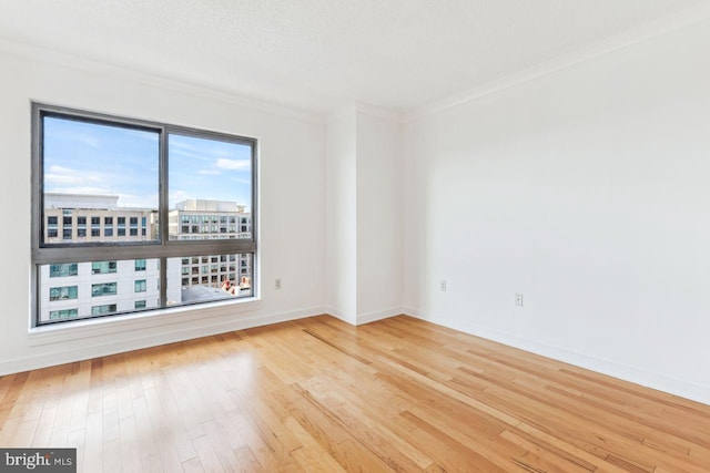 spare room featuring baseboards, ornamental molding, wood finished floors, a textured ceiling, and a city view