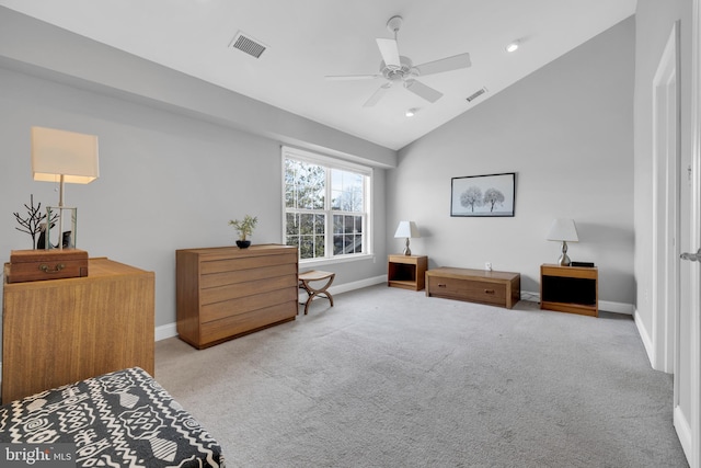 living area featuring baseboards, visible vents, ceiling fan, and carpet flooring