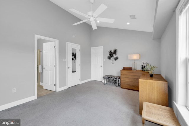 sitting room with visible vents, a ceiling fan, carpet flooring, high vaulted ceiling, and baseboards