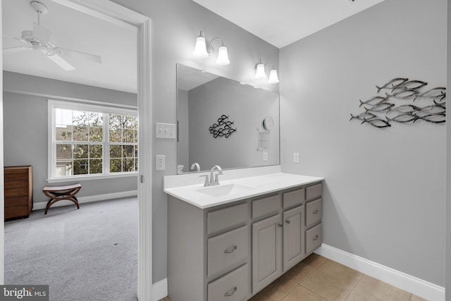 bathroom featuring ceiling fan, vanity, baseboards, and tile patterned floors