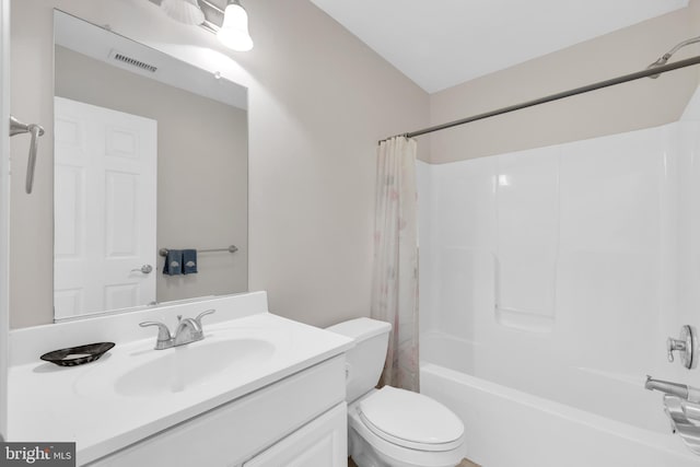 bathroom with toilet, vanity, visible vents, and shower / bathtub combination with curtain