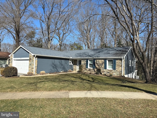 single story home featuring a garage, stone siding, a front lawn, and roof with shingles