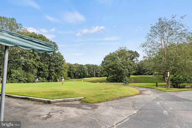 view of property's community with a yard and golf course view