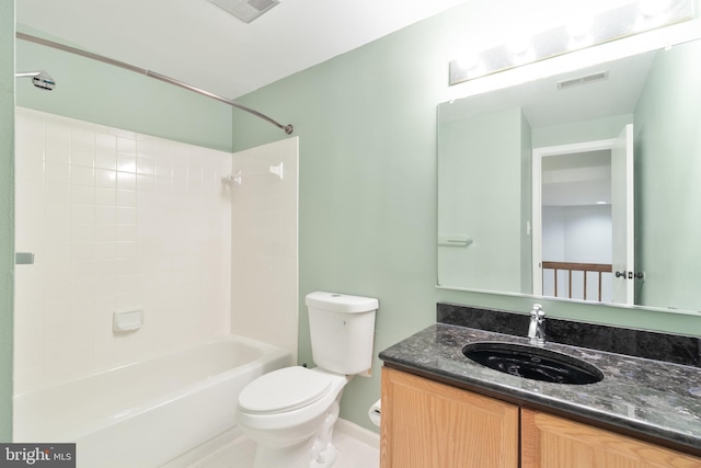 bathroom featuring toilet, shower / bathing tub combination, vanity, and visible vents