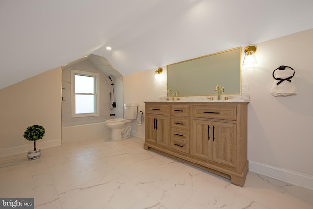 full bathroom with vaulted ceiling, marble finish floor, a sink, and baseboards