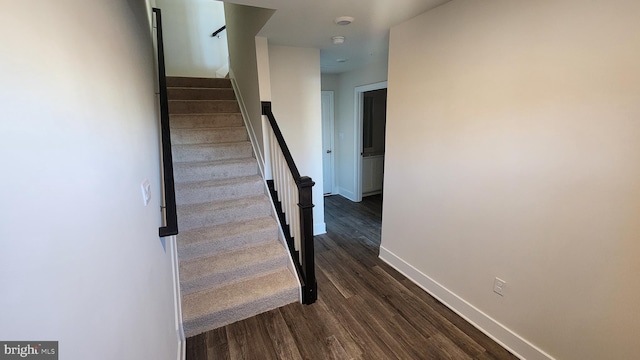 staircase with wood finished floors and baseboards