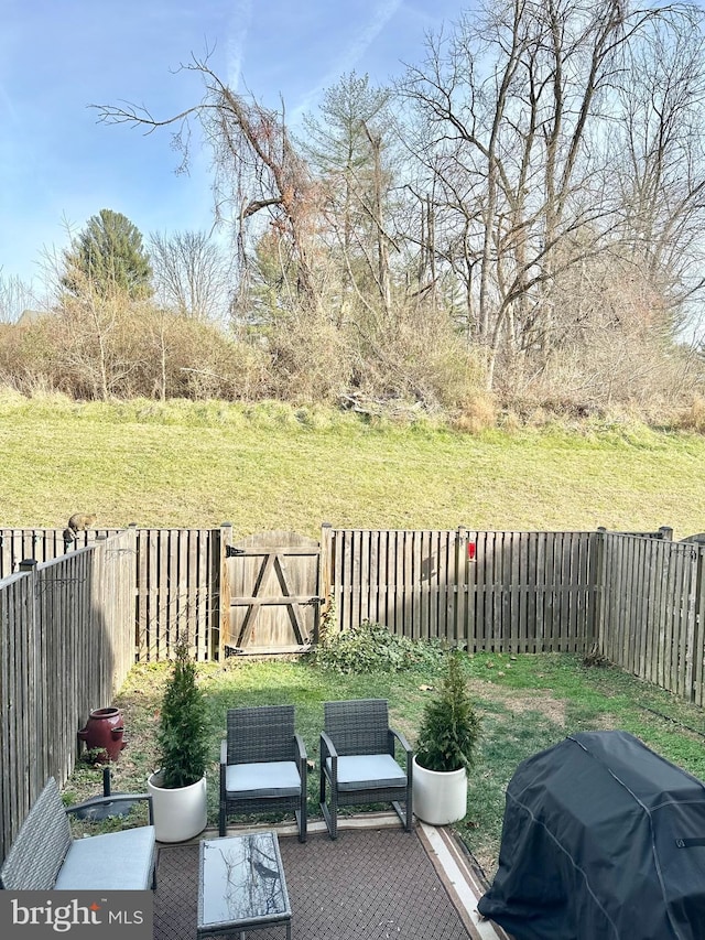 view of patio featuring a gate, a fenced backyard, an outdoor living space, and area for grilling