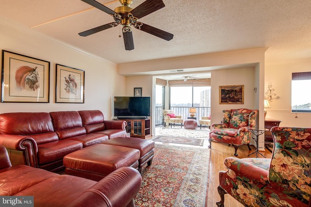 living area with crown molding, a textured ceiling, a wealth of natural light, and wood finished floors