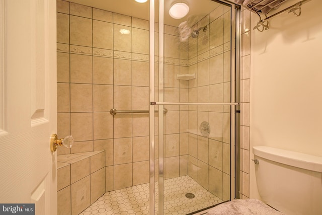 bathroom with a stall shower and toilet