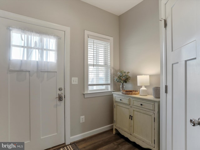 doorway to outside featuring baseboards, dark wood finished floors, and a healthy amount of sunlight