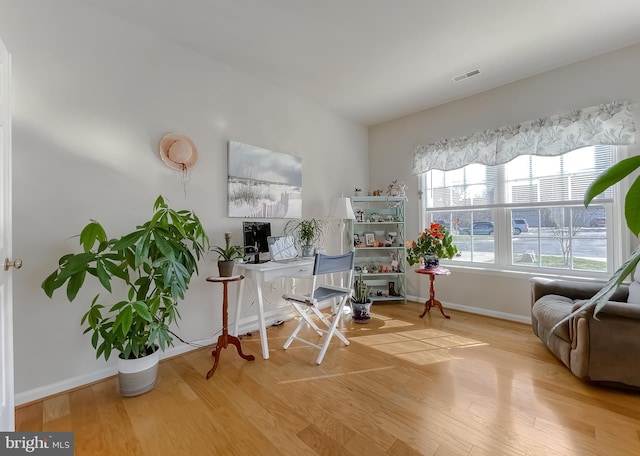 office area featuring baseboards, visible vents, and light wood-style floors