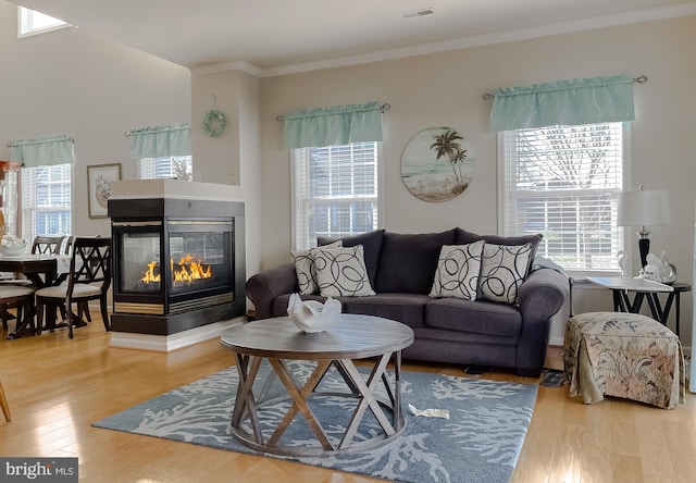 living area with ornamental molding, visible vents, a multi sided fireplace, and wood finished floors