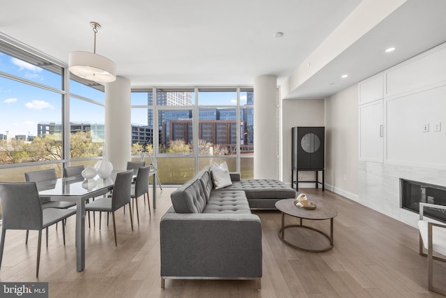 living area featuring a view of city, a high end fireplace, a wall of windows, light wood-type flooring, and baseboards