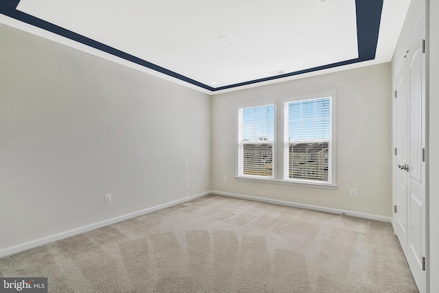 spare room with baseboards, a tray ceiling, and light colored carpet