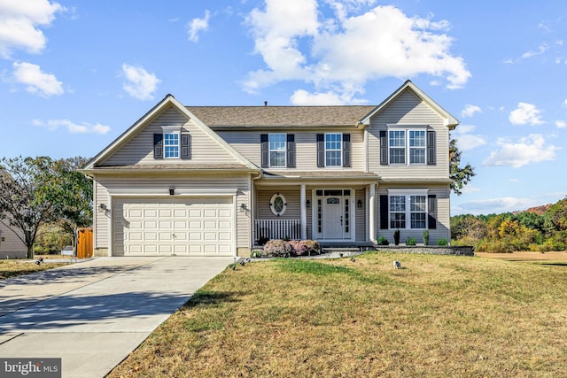 view of front of house with a porch, driveway, and a front lawn