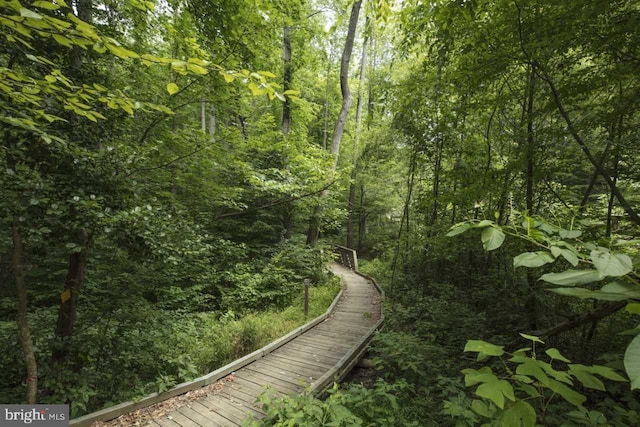 view of community featuring a forest view