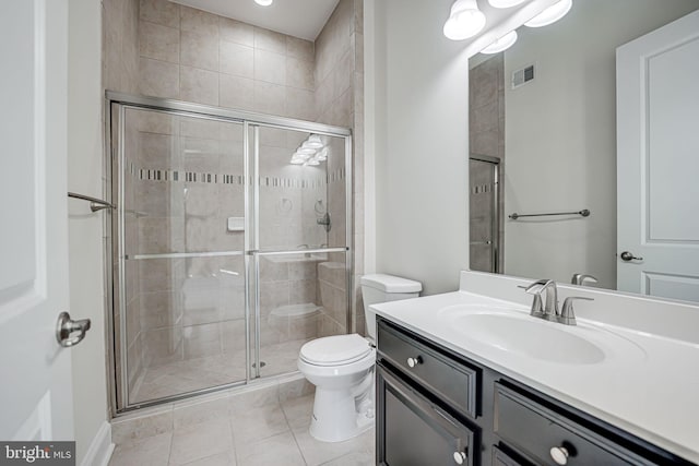 full bath featuring toilet, a stall shower, vanity, and visible vents