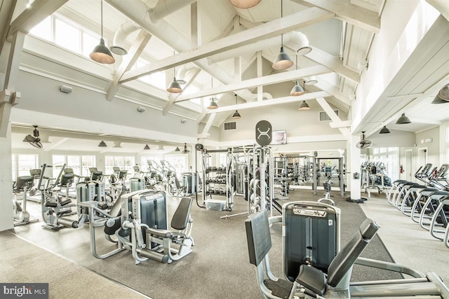 exercise room featuring high vaulted ceiling and visible vents