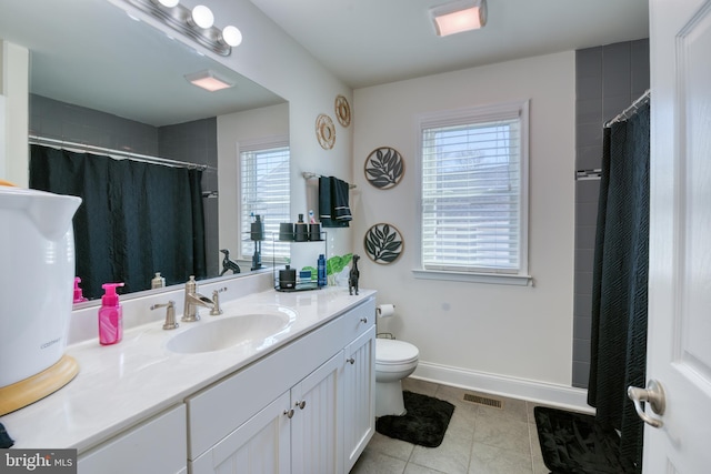 full bath with visible vents, baseboards, toilet, tile patterned floors, and vanity