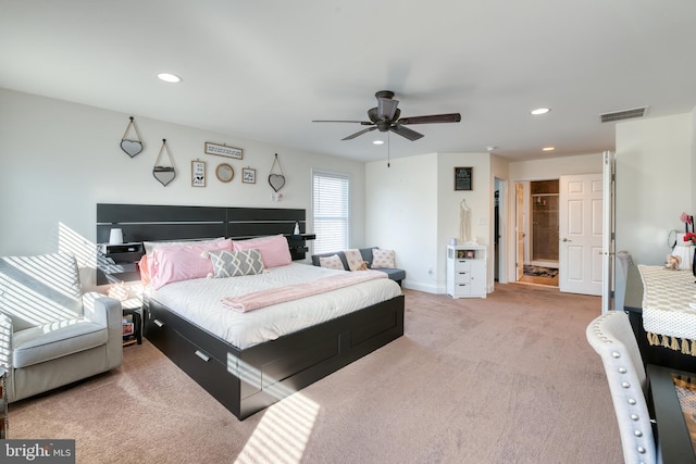 carpeted bedroom with recessed lighting, visible vents, ceiling fan, and baseboards